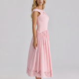 Eyelet A-Line Midi Dress with Off-Shoulder Neckline