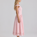 Eyelet A-Line Midi Dress with Off-Shoulder Neckline
