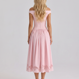 Eyelet A-Line Midi Dress with Off-Shoulder Neckline
