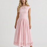 Eyelet A-Line Midi Dress with Off-Shoulder Neckline