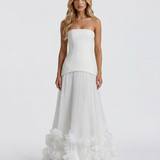 Strapless Pleated Rosette Maxi Dress