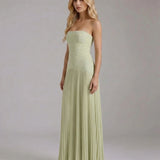 Ruched Strapless Maxi Dress with Pleated Skirt