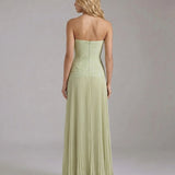Ruched Strapless Maxi Dress with Pleated Skirt