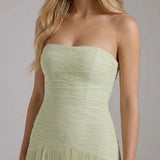 Ruched Strapless Maxi Dress with Pleated Skirt