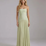Ruched Strapless Maxi Dress with Pleated Skirt