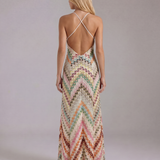 Crochet Knit Halter Maxi Dress with V-Neck