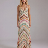 Crochet Knit Halter Maxi Dress with V-Neck