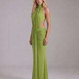 Ruched Halter Maxi Dress with Cutout Waist