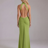 Ruched Halter Maxi Dress with Cutout Waist