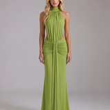 Ruched Halter Maxi Dress with Cutout Waist