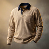Ribbed Long Sleeve Polo Shirt with Button Front and Chest Pocket