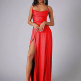Satin A-Line Maxi Dress with Cowl Neck and Thigh Slit