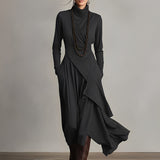 Draped Asymmetric Wrap Maxi Dress with High Neck