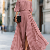 Pleated Off-Shoulder Maxi Dress with Thigh Slit and Puff Sleeves