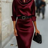 Satin Bodycon Midi Dress with Point Collar and Belt
