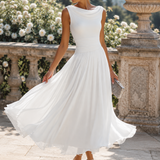 Cowl Neck Pleated Midi Dress with Flared Skirt
