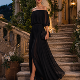 Pleated Off-Shoulder Maxi Dress with Thigh Slit and Puff Sleeves