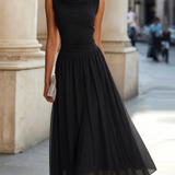 Cowl Neck Pleated Midi Dress with Flared Skirt