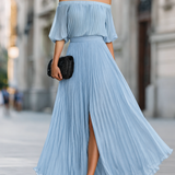 Pleated Off-Shoulder Maxi Dress with Thigh Slit and Puff Sleeves