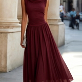 Cowl Neck Pleated Midi Dress with Flared Skirt