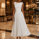 Cowl Neck Pleated Midi Dress with Flared Skirt