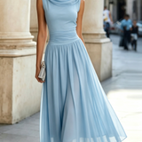 Cowl Neck Pleated Midi Dress with Flared Skirt