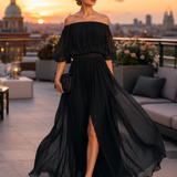 Pleated Off-Shoulder Maxi Dress with Thigh Slit and Puff Sleeves