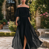Pleated Off-Shoulder Maxi Dress with Thigh Slit and Puff Sleeves