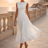 Cowl Neck Pleated Midi Dress with Flared Skirt