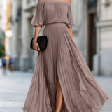 Pleated Off-Shoulder Maxi Dress with Thigh Slit and Puff Sleeves