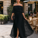 Pleated Off-Shoulder Maxi Dress with Thigh Slit and Puff Sleeves
