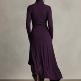 Draped Asymmetric Wrap Maxi Dress with High Neck