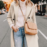 Tailored Double-Breasted Long Coat with Side Pockets