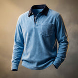 Ribbed Long Sleeve Polo Shirt with Button Front and Chest Pocket