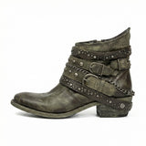Studded Ankle Boots with Buckle Straps and Chain Detail