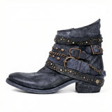 Studded Ankle Boots with Buckle Straps and Chain Detail