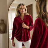 Velvet Blouse with Ruffle Trim and V-Neck