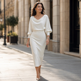 Midi Skirt Set with Cowl Neck Top and Batwing Sleeves