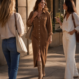 Corduroy Shirt Midi Dress with Button Front and Flap Pockets