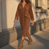 Corduroy Shirt Midi Dress with Button Front and Flap Pockets