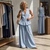 Wide-Leg Pants Set with V-Neck Top and Ruffle Hem
