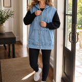 Denim Hooded Vest with Zip Front and Pockets