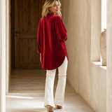 Velvet Blouse with Ruffle Trim and V-Neck
