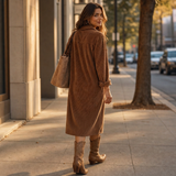 Corduroy Shirt Midi Dress with Button Front and Flap Pockets
