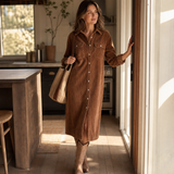Corduroy Shirt Midi Dress with Button Front and Flap Pockets