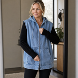 Denim Hooded Vest with Zip Front and Pockets