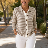 Striped Cardigan with Collar and Button-Front