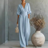 Wide-Leg Jumpsuit with V-Neck and Wrap Waist
