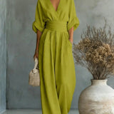 Wide-Leg Jumpsuit with V-Neck and Wrap Waist