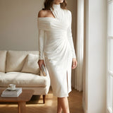 One-Shoulder Ruched Bodycon Midi Dress with Side Slit
